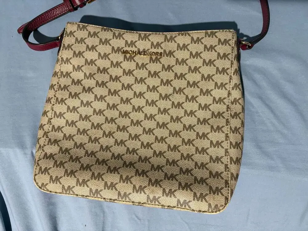 Michael Kors Jet Set Signature Monogram Crossbody Bag with Maroon Strap